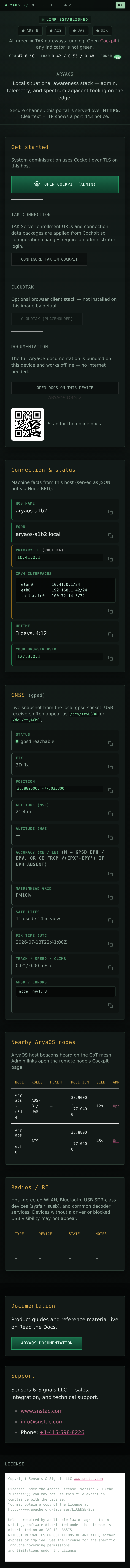 The AryaOS portal on a phone joined to the onboarding hotspot